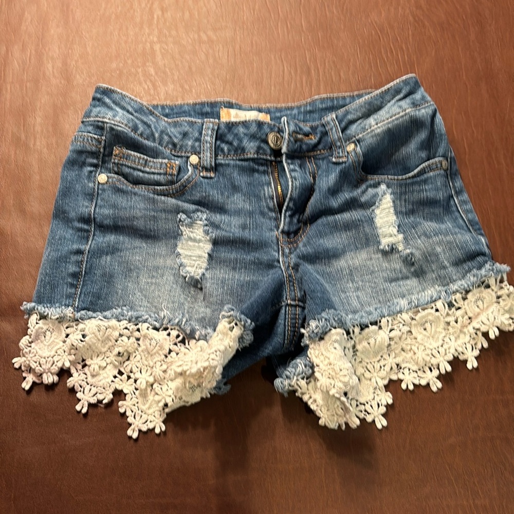 Altar'd State Blue Jean Shorts with White Lace Trim